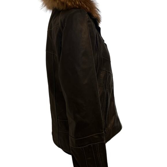 Womens Leather & Fur Collar Jacket Mob Wives Biker Moto Size M Espresso - Picture 2 of 9
